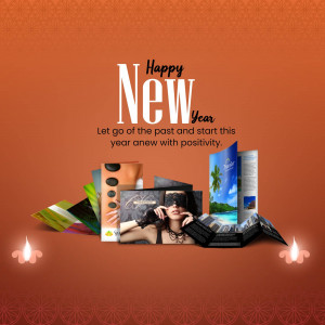 Happy New Year graphic with a stack of photos and a positive message.