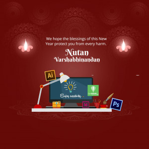 Nutan Varshabhinandan greeting with a creative design featuring a laptop and design tools.
