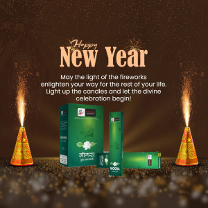 New Year greeting with Mogra incense sticks and fireworks