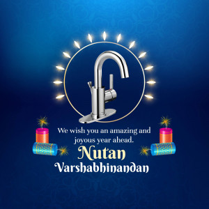 Silver faucet with Diwali-style lighting and New Year greetings.