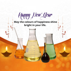 New Year greeting with laboratory glassware and festive decorations.