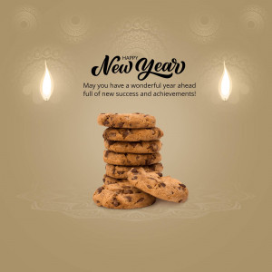 A stack of chocolate chip cookies with 'Happy New Year' text and candle decorations.