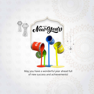 New Year greeting with paint buckets and festive decorations