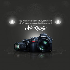 Nikon camera with New Year wishes and decorative elements