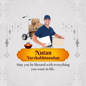 Delivery person with packages and New Year greeting