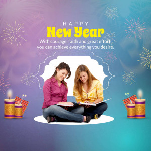 Two young women studying together with New Year fireworks and candles in the background.