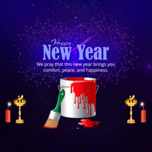 New Year greeting with paint bucket, brush, and traditional oil lamps