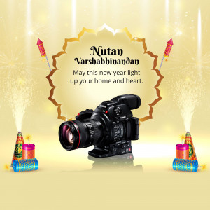 Camera with New Year fireworks and festive decorations