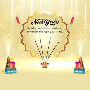 New Year greeting with incense sticks and fireworks