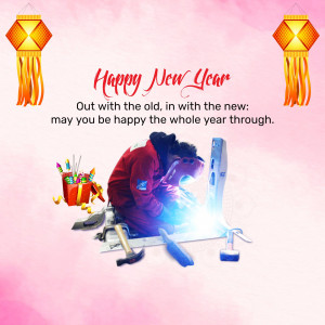 New Year celebration with a person dismantling an old TV and lanterns.