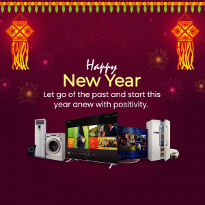 New Year promotion featuring appliances with festive decorations.