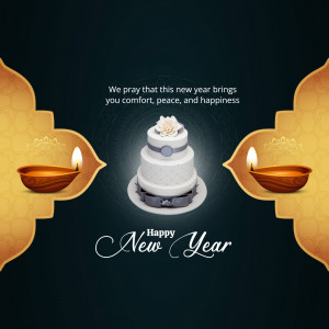 New Year greeting with a cake, diyas, and festive decorations