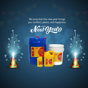 New Year greeting with oil containers and fireworks