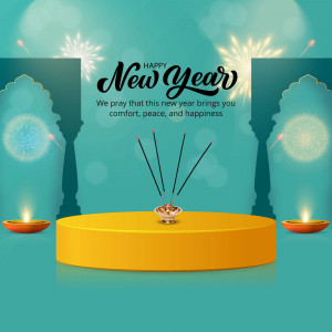 New Year greeting with Indian cultural elements like incense sticks, diyas, and architectural arches.