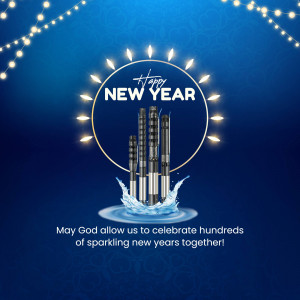 Image depicting a 'Happy New Year' message with water pumps emerging from water, surrounded by lights.