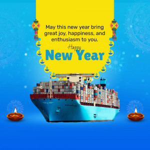 New Year greeting with a cargo ship and festive decorations.