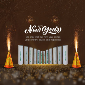 New Year greeting with plumbing pipes and firecrackers