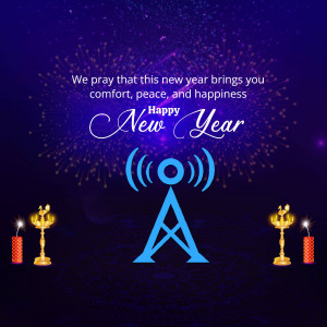 New Year greeting with fireworks, candles, and the letter A logo.