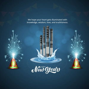New Year graphic with oil drilling equipment and celebratory fireworks.