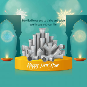 New Year greeting featuring plumbing pipes and traditional lamps