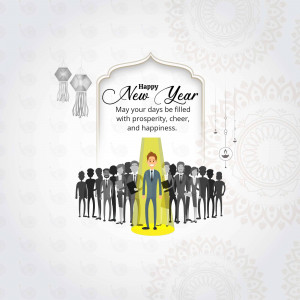 Illustration of a businessman leading a group of people with a 'Happy New Year' message.