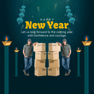 A man with boxes and New Year decorations, representing a delivery service.