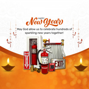 New Year greeting with fire safety equipment