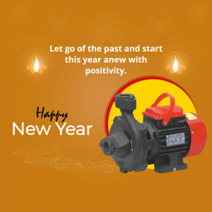 Image of a water pump with a Happy New Year greeting and decorative lights.