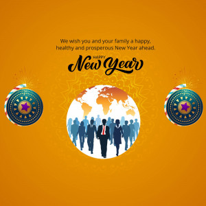 New Year greeting with a globe and diverse group of people