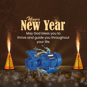 New Year greeting featuring a water pump and celebratory elements.