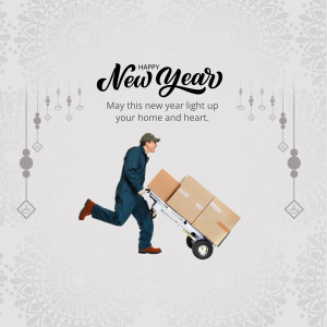 A delivery person rushing with packages with a New Year greeting.