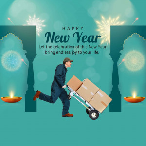 A delivery person rushing with packages in front of a New Year themed background with traditional Indian arches and lamps.