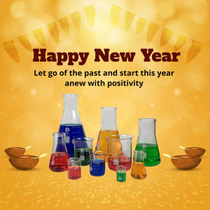 Happy New Year with a chemistry theme, featuring beakers and festive decorations.
