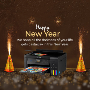 Epson printer with New Year fireworks and celebratory message