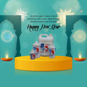 New Year greeting with Balaji cleaning product bottles and festive decorations.