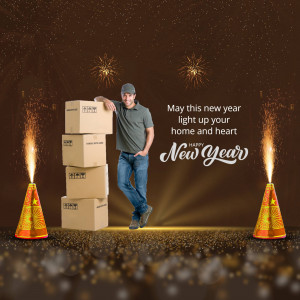 Delivery person with boxes and New Year fireworks