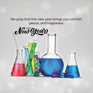 New Year greeting with science lab equipment and festive text