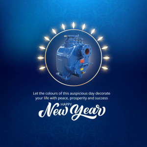 Blue industrial pump with a New Year greeting