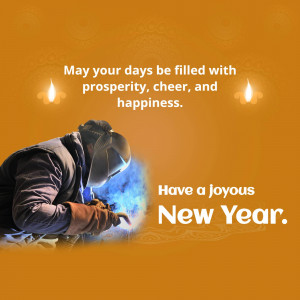Image of a welder working with sparks flying, with New Year greetings.