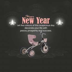 New Year greeting with a pink tricycle and decorative elements.