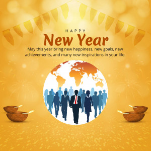New Year greeting with a globe and silhouettes of people