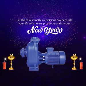New Year greeting with a water pump and traditional lamps