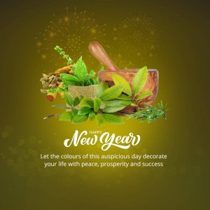 Ayurvedic herbs and mortar with New Year greeting