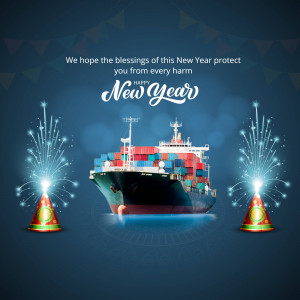 New Year greeting with a cargo ship and fireworks