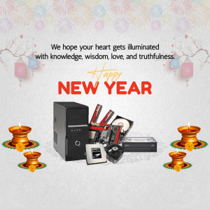 New Year greeting with computer components and festive lights