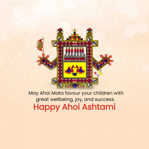 Ahoi Ashtami greeting card with a traditional depiction of Ahoi Mata and a blessing for children.