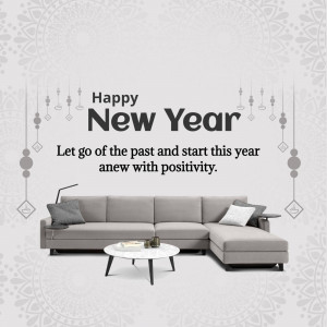 Modern living room with a sofa and New Year greeting