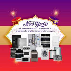 New Year promotion featuring various home appliances with festive decorations.