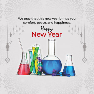 New Year greeting with laboratory equipment and festive decorations