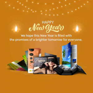 New Year greeting with travel brochures and festive lights